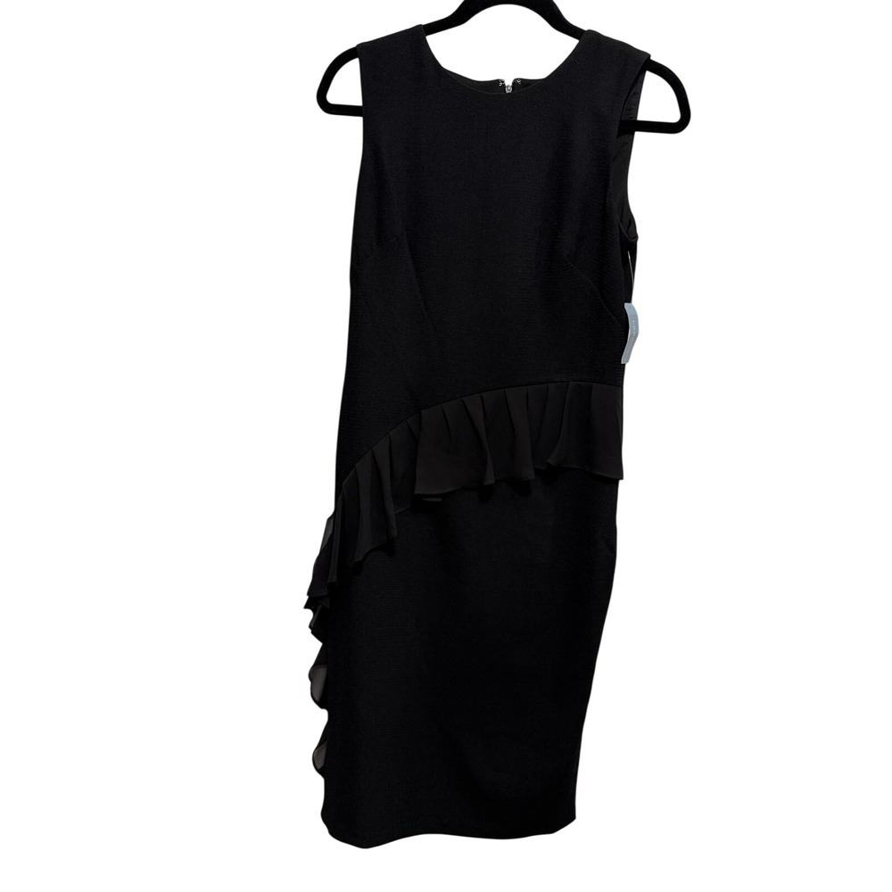 London Times Dress‎ Womens 6 Black Cocktail Ruffle Detail Sleeveless Midi NWT